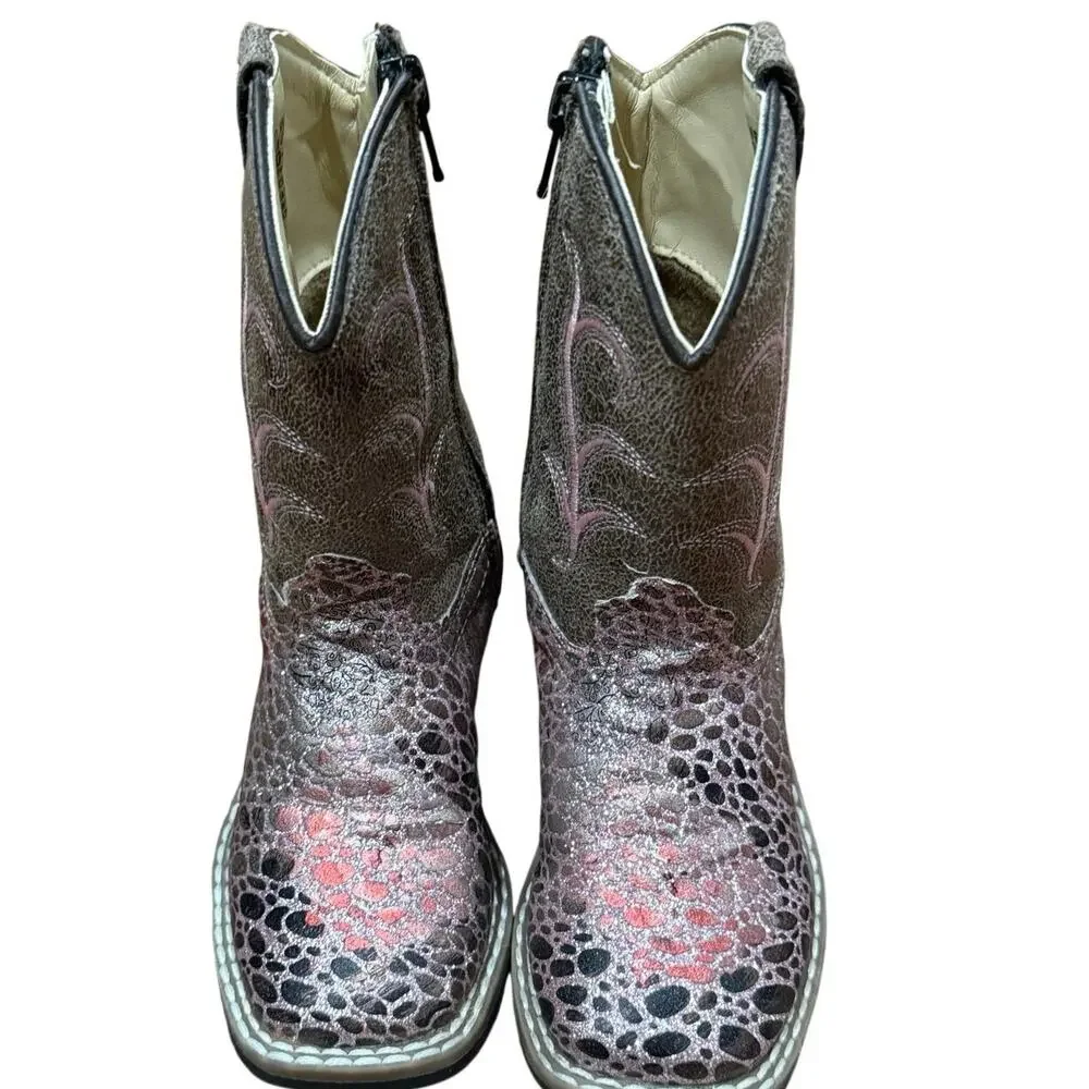 Old West Girls Pink Western Cowboy Boots Square Toe Side Zip Size 8C VB1054
